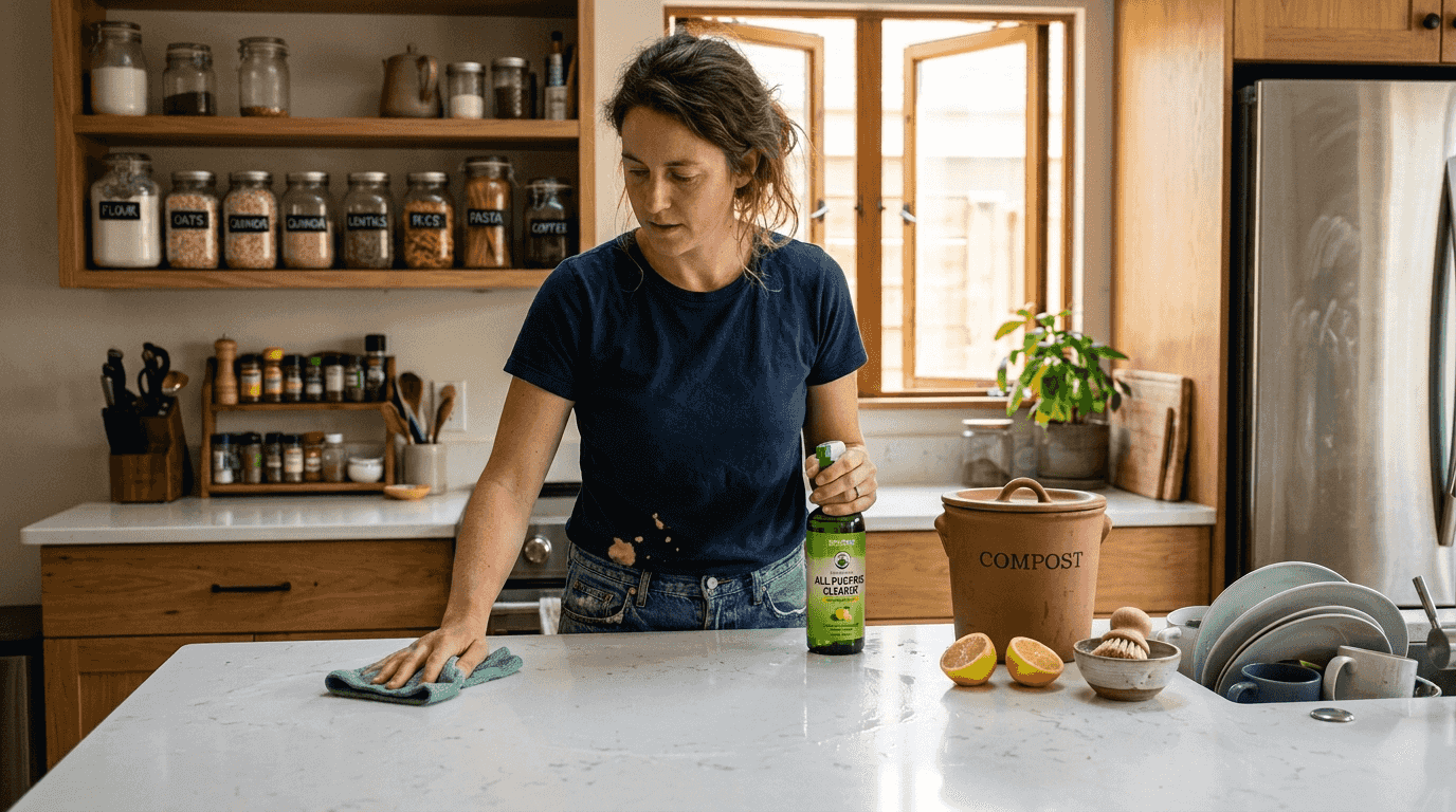 Woman cleaning kitchen with eco-friendly products