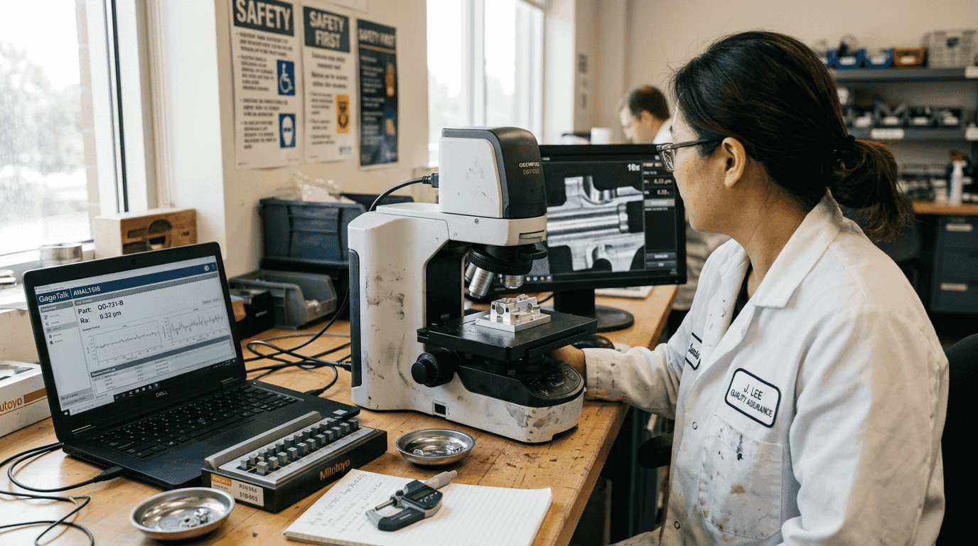 Inspector examining surface finish of EDM part