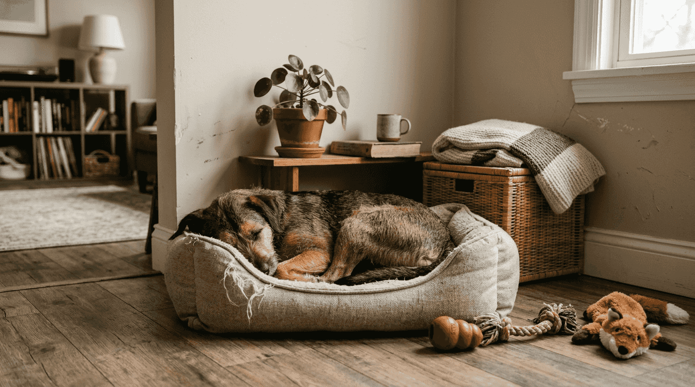 Dog resting in designated safe retreat corner