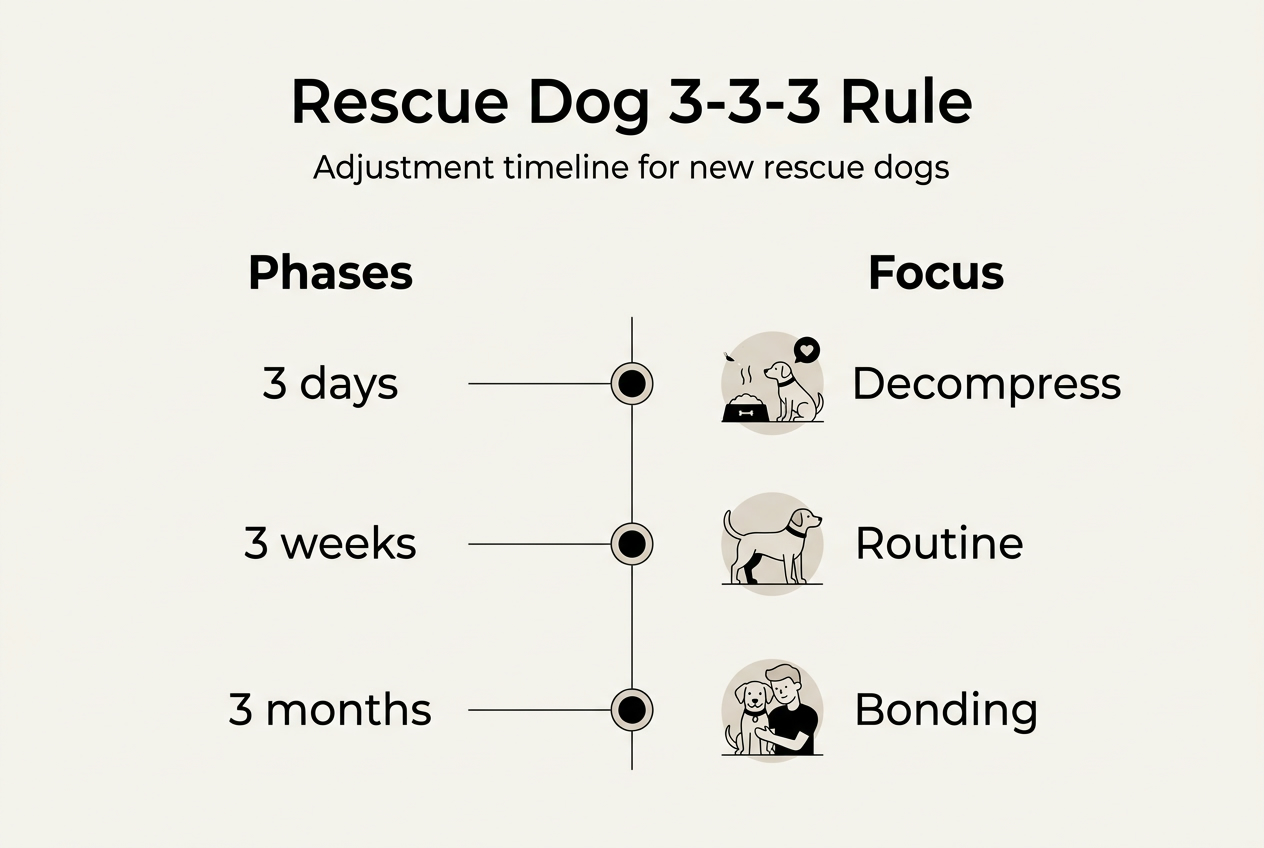 Infographic summarizing rescue dog 3-3-3 adjustment rule