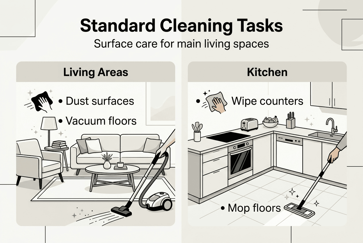 Infographic showing standard cleaning tasks by room