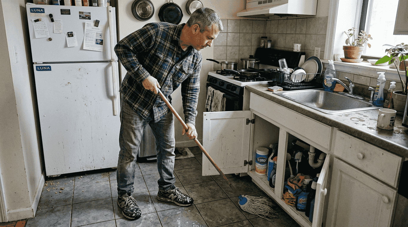 Man mopping kitchen on routine cleaning day