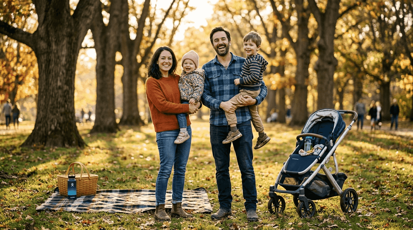 Family outdoors during golden hour photo shoot
