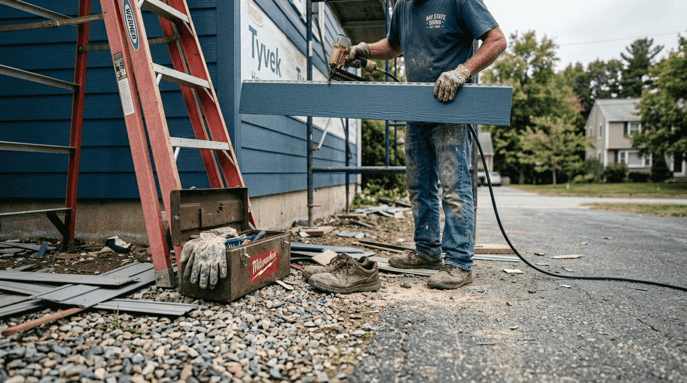Contractor installing fiber cement siding on house