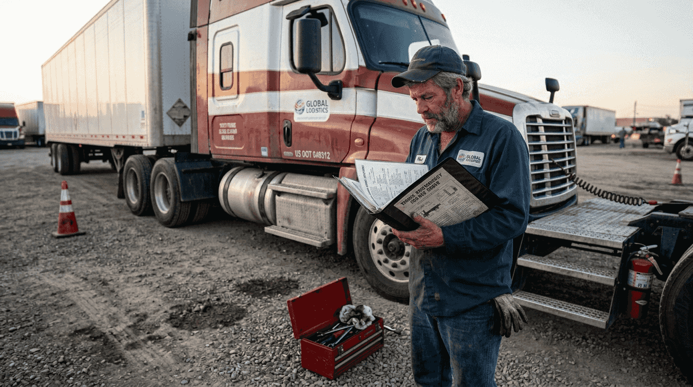 Truck driver reviewing roadside repair guide