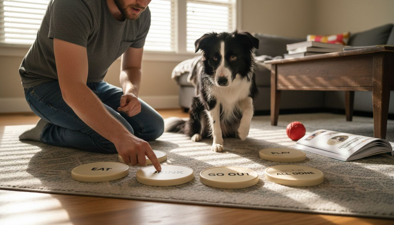 Service dog using tech tools with trainer