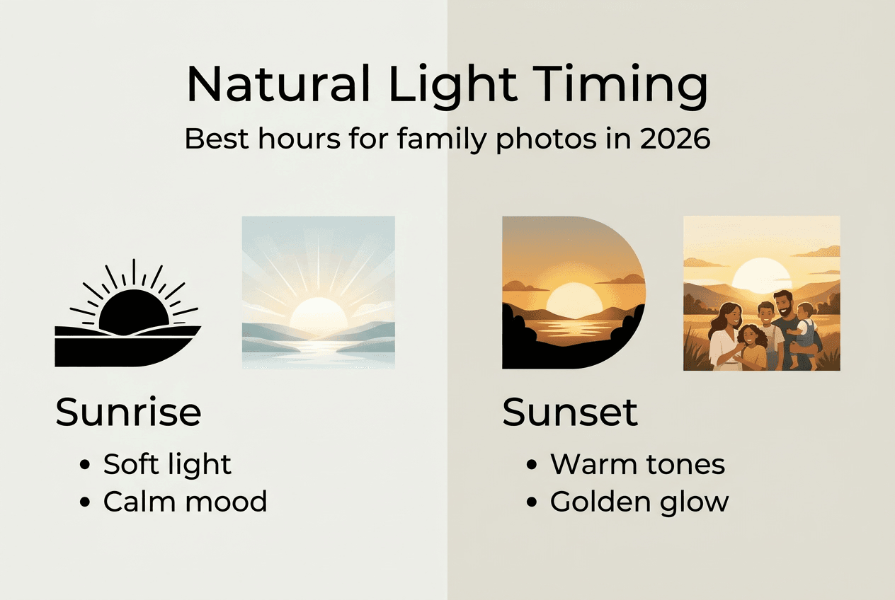 Infographic with sunrise and sunset timing tips
