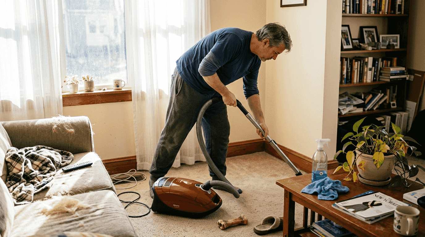 Vacuuming and cleaning living room surfaces