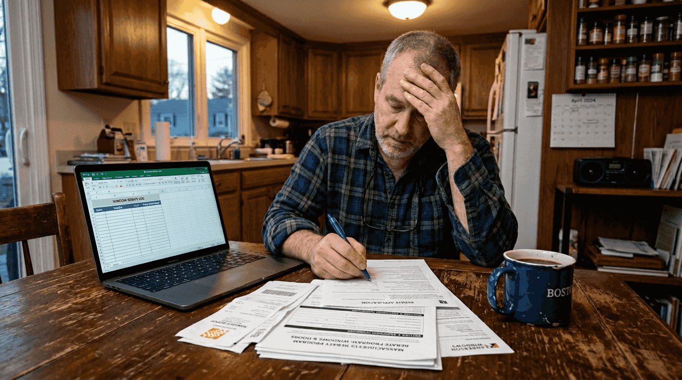 Man fills rebate forms in Massachusetts home