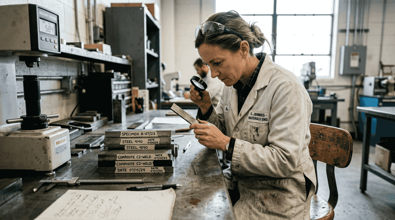 Engineer examining materials at lab testing station