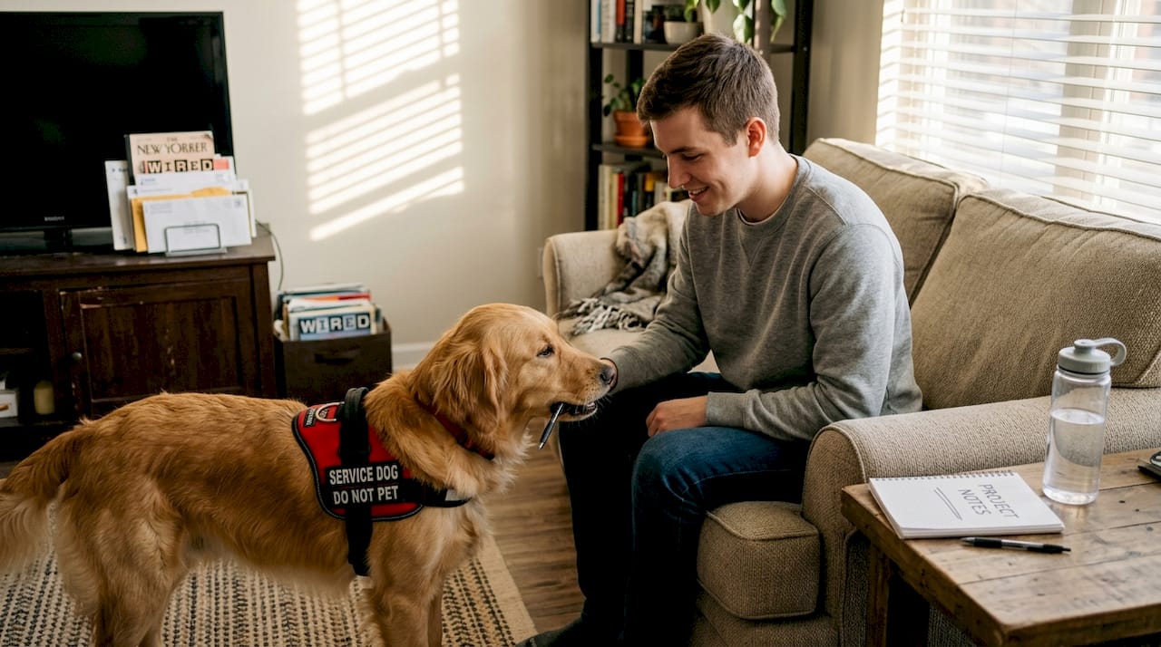 Service dog retrieving object for owner indoors