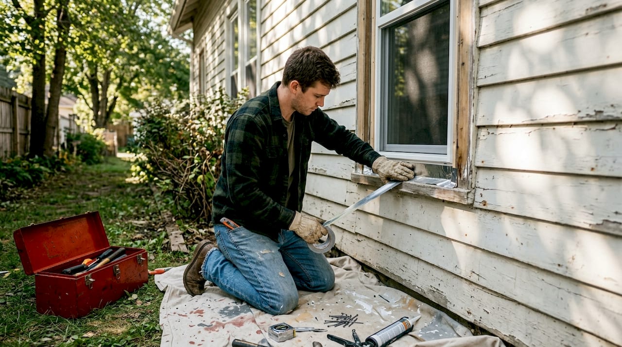Worker applying flashing for siding installation