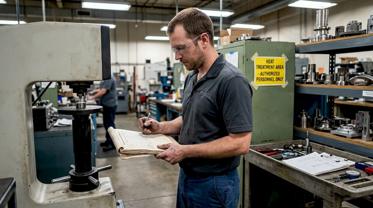 Technician testing aerospace component hardness