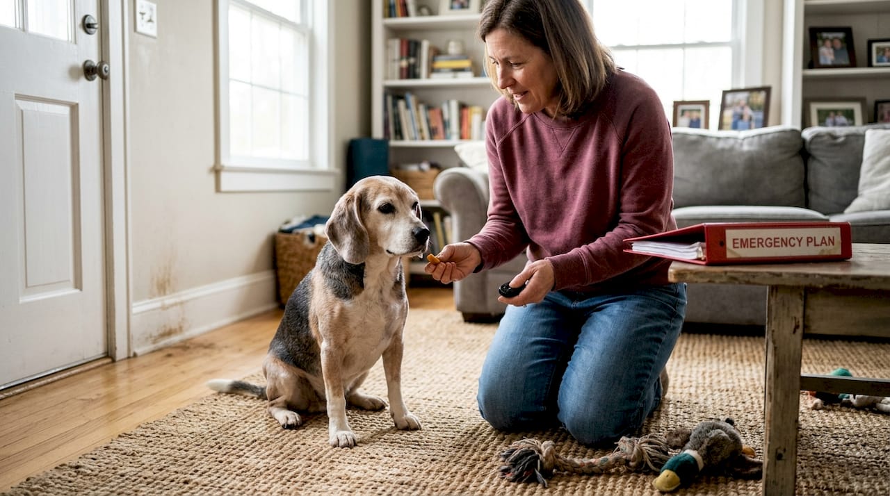 Senior dog involved in home training session