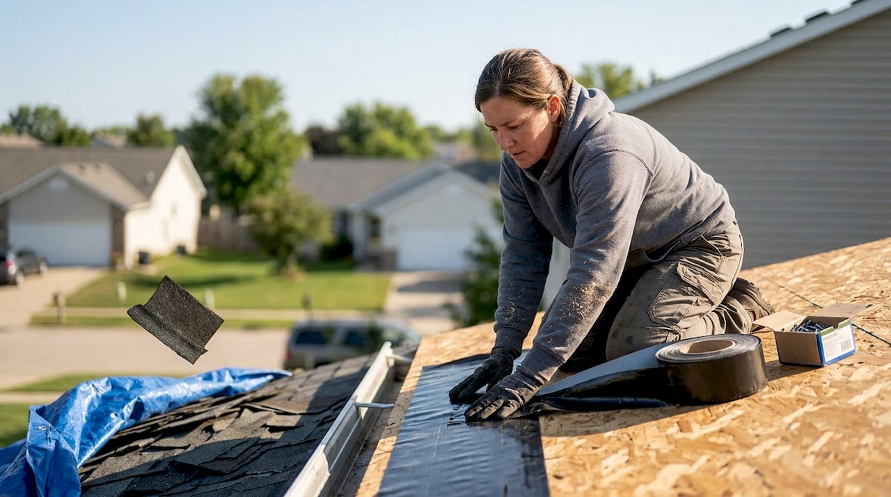 Roofer installs ice and water shield barrier
