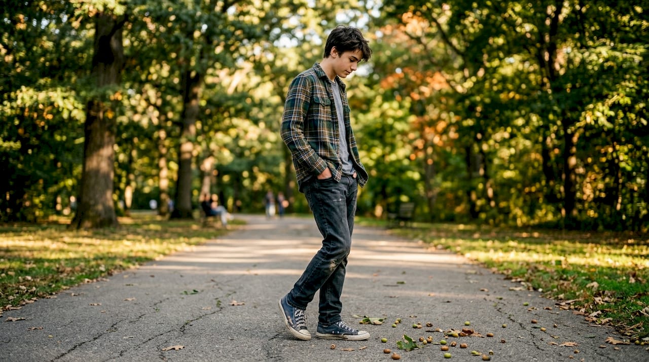 Relaxed teen posing in sunlit park
