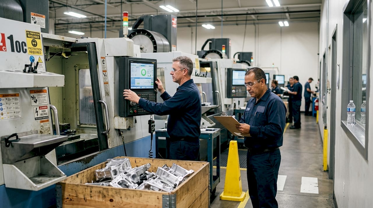 Automated CNC shop floor with operators