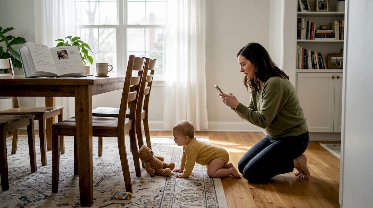Parent photographs crawling baby at home