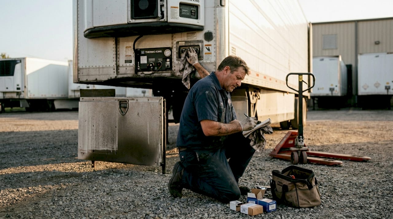 Mechanic examines refrigerated trailer features