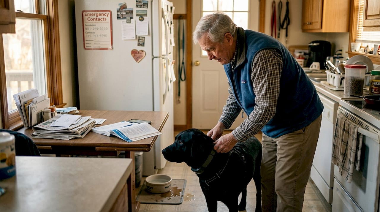 Man fits sensor collar on service dog