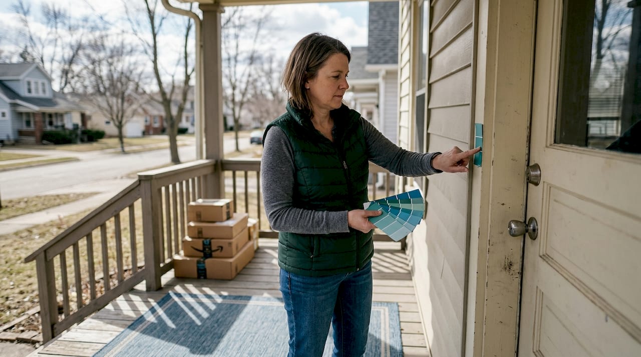 Woman compares paint colors on entry door