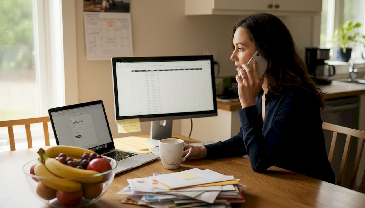 Parent calling photographer from kitchen table