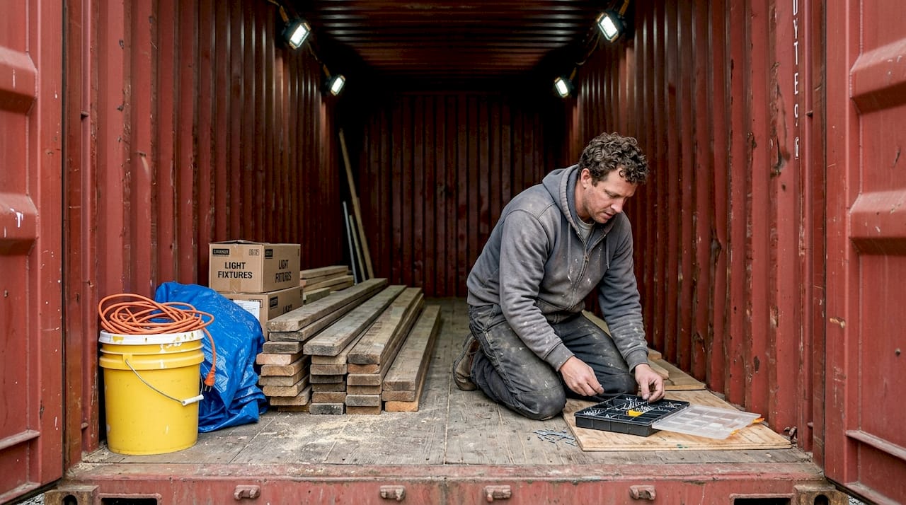 Carpenter organizing materials inside container