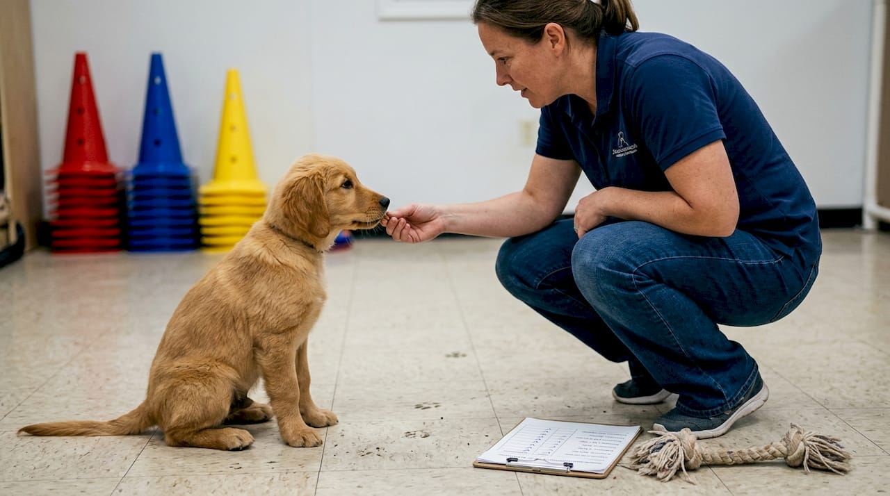 Trainer assessing young puppy for service
