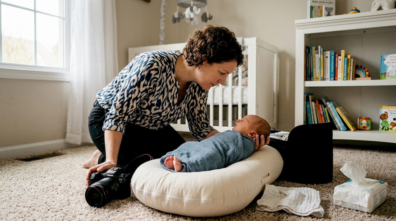 Photographer safely positioning newborn for photo