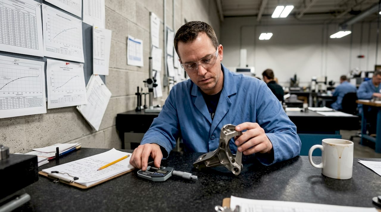 Inspector measuring titanium aerospace bracket