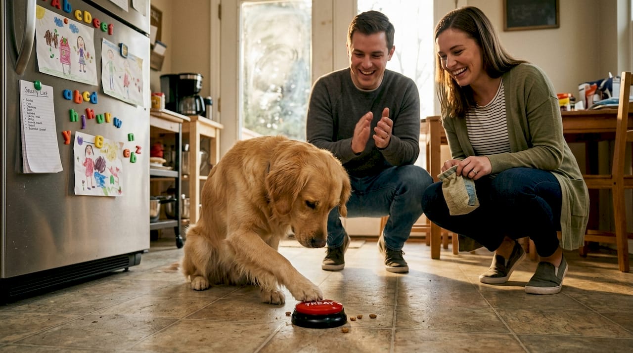 Dog presses communication button, owners celebrating