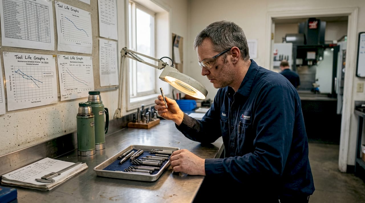 Technician inspects cutting tools at workbench