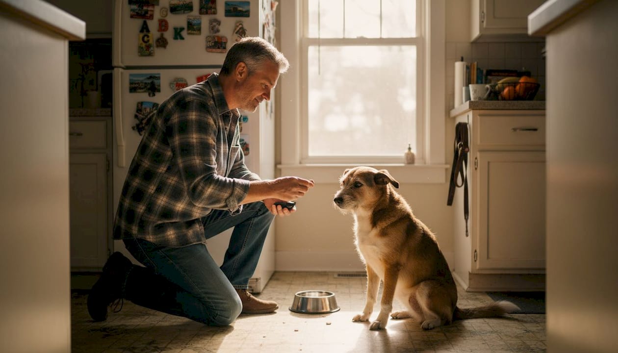 Trainer using positive reinforcement with rescue dog