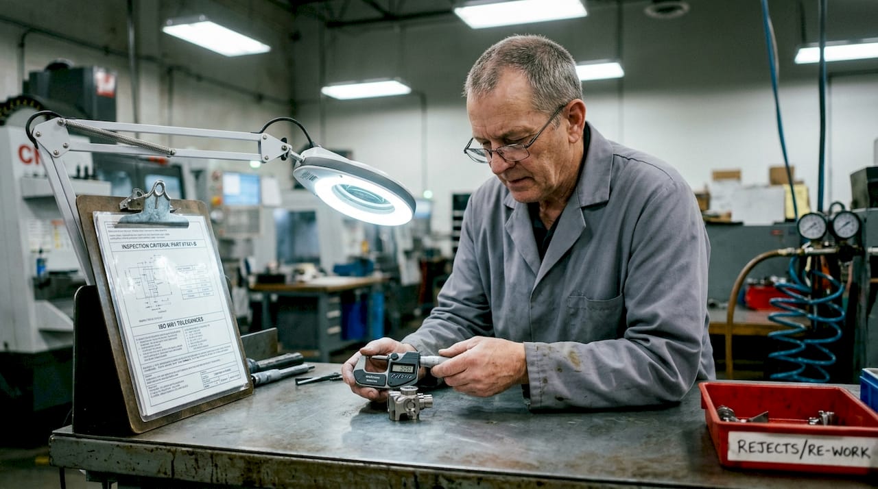 Technician inspecting precision aerospace part