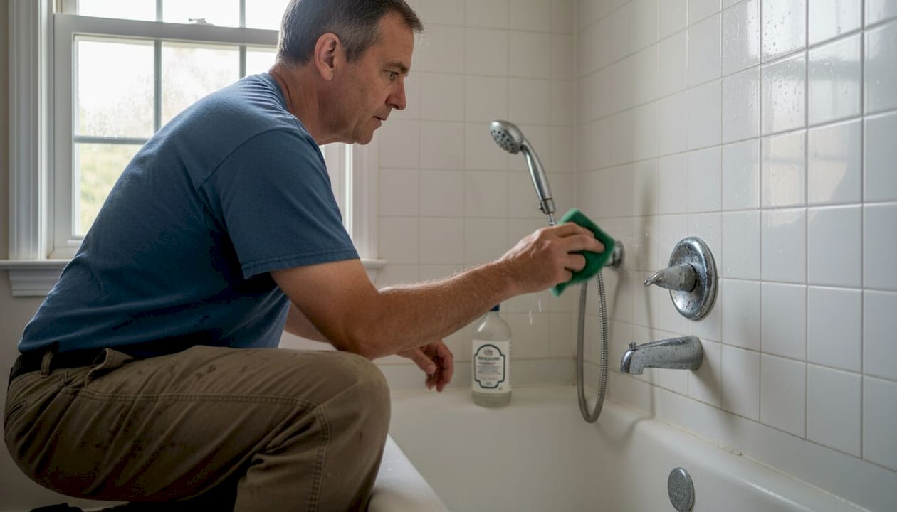 Cleaning hard water stains in Massachusetts shower