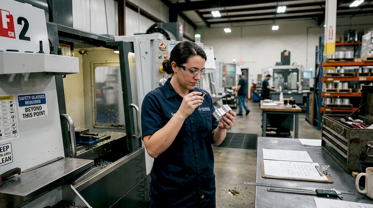 Machinist inspecting CNC machined prototype