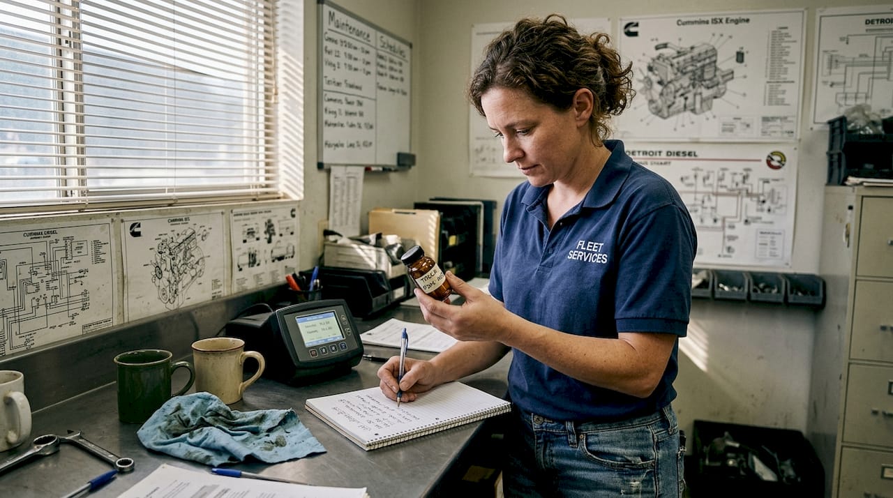 Fleet manager reviewing oil analysis sample