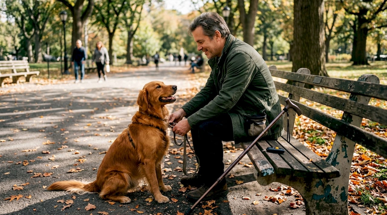 Man attaching hands-free leash to golden retriever