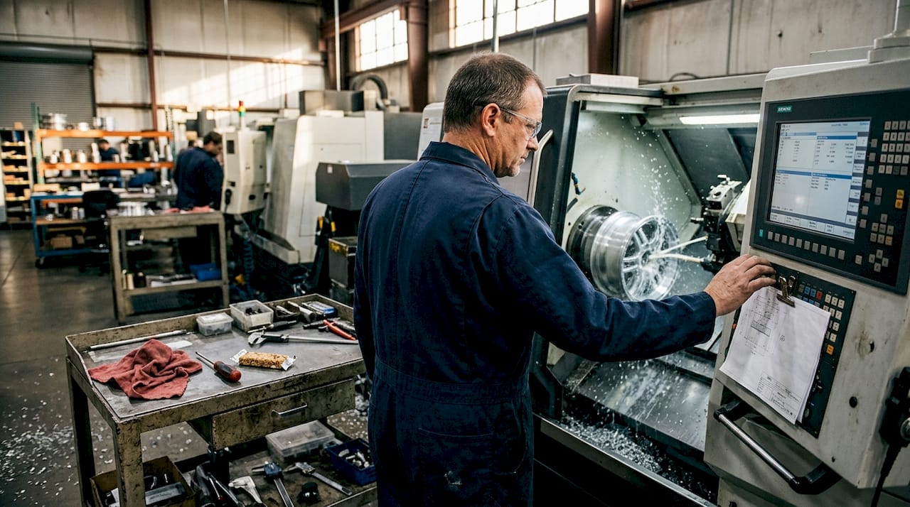 Machinist operating multitask CNC for aircraft wheel