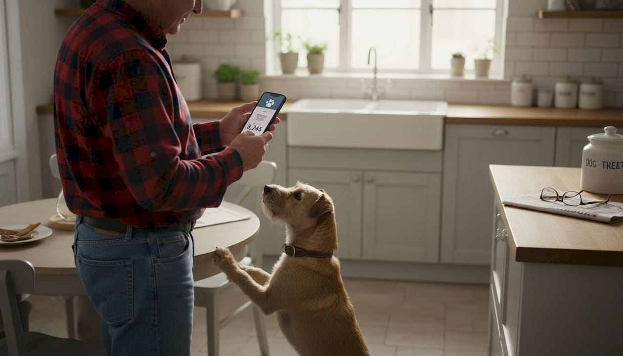 Senior man checks smart collar app with dog