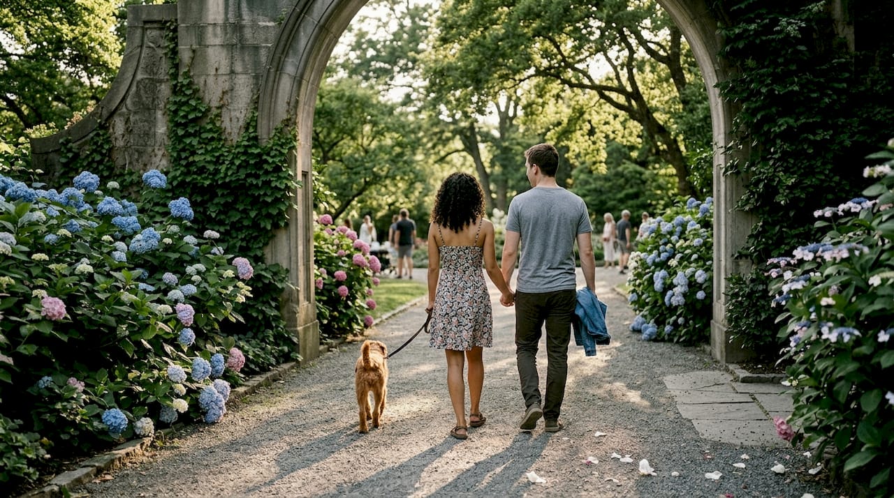 Couple strolls garden path during engagement shoot