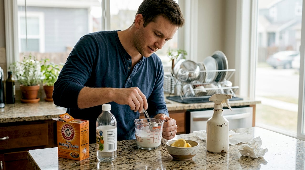 Man making DIY natural cleaner with kitchen supplies