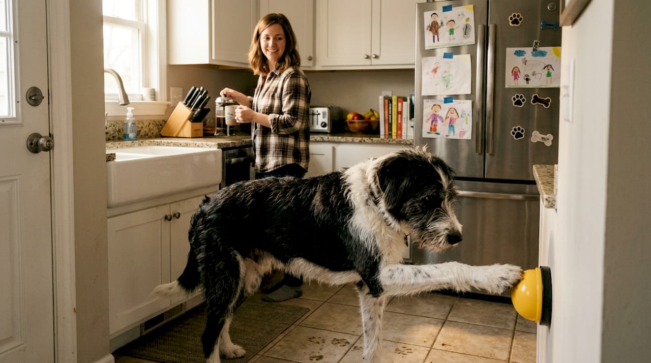 Dog uses communication button in home kitchen