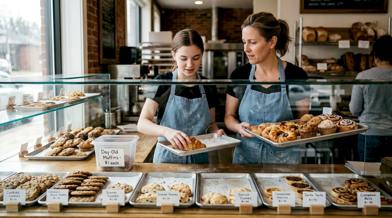 Mother and daughter restocking pastries in bakery