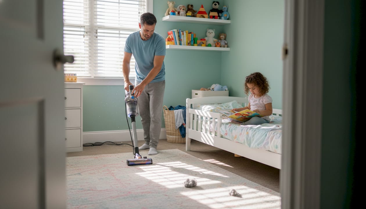 Parent vacuuming child’s bedroom