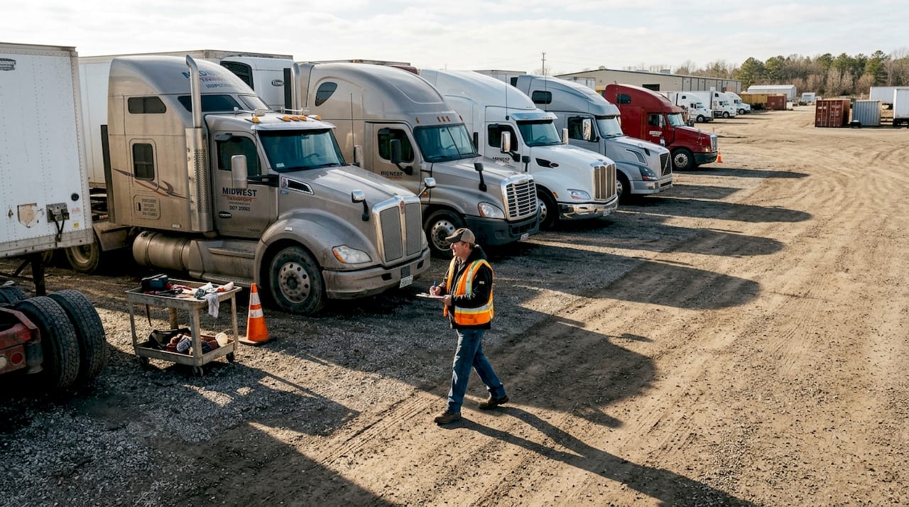 Foreman inspecting big rigs in truck yard
