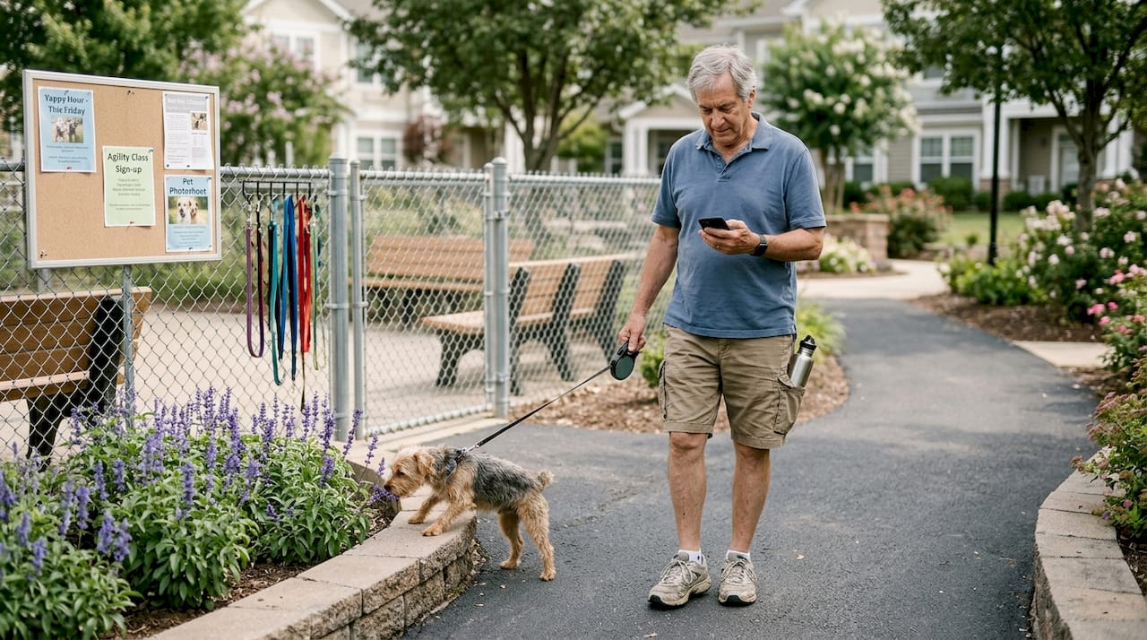 Senior man walking dog near facility amenities