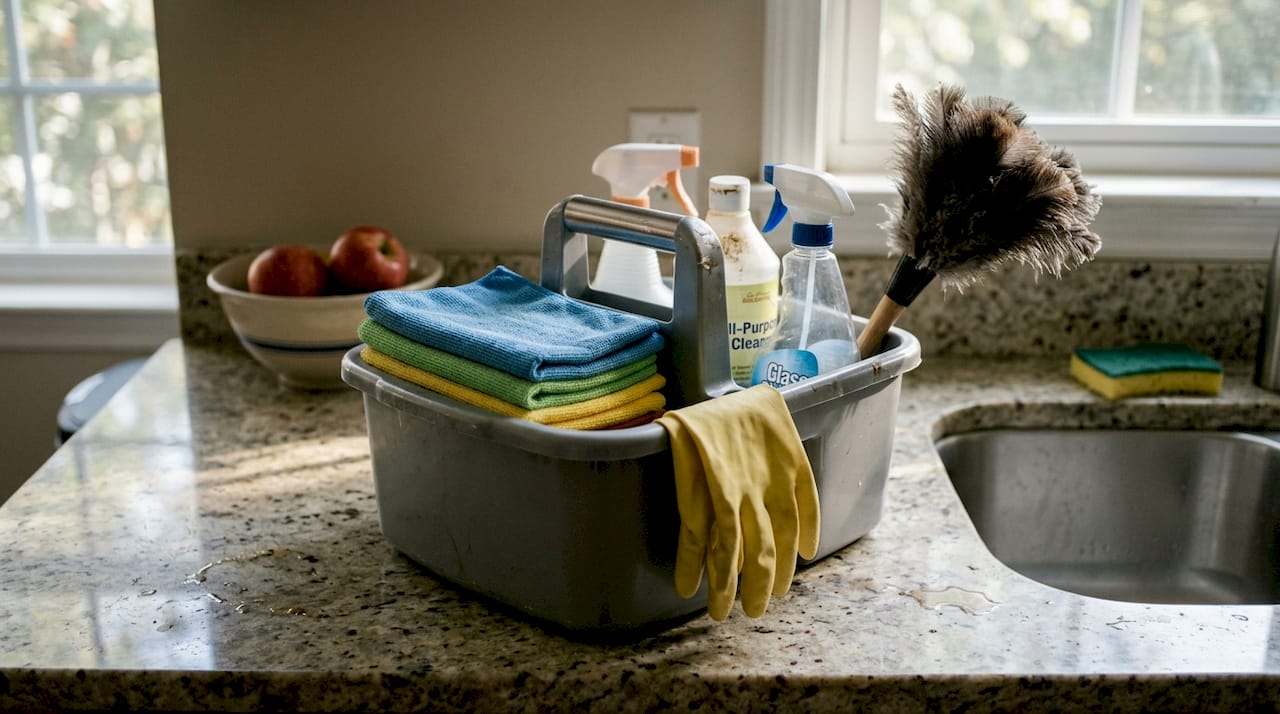 Organized cleaning supplies on kitchen counter