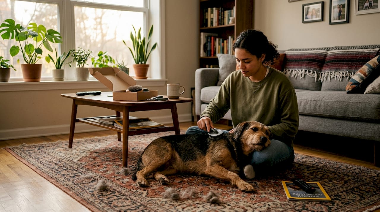 Person brushing dog on living room rug