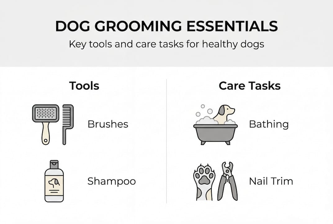 Infographic showing basic dog grooming steps and tools